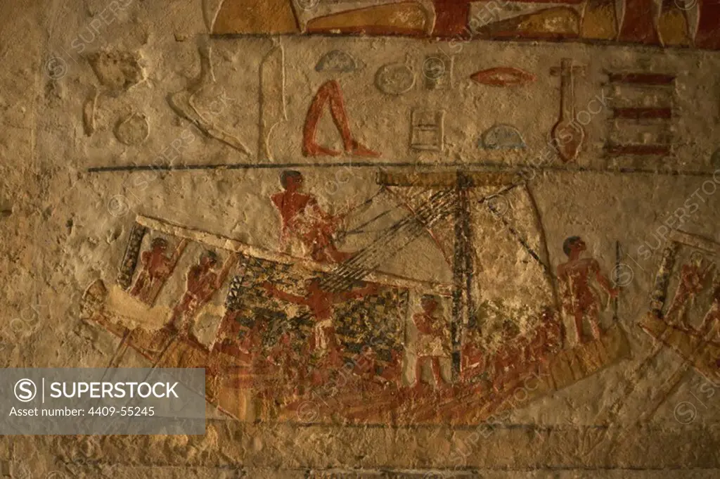 Mastaba of Irukaptah. 5th Dynasty. Old Kingdom. Relief depicting a sailing boat navigating on the Nile. Saqqara. Egypt.