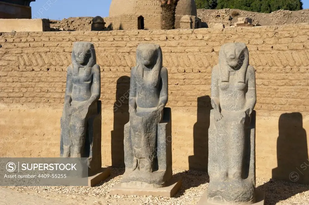 Statues of Goddess Sekhmet depicted with head of lioness and solar disk. Precinct of Mut. Karnak Temple Complex. Luxor. Egypt.