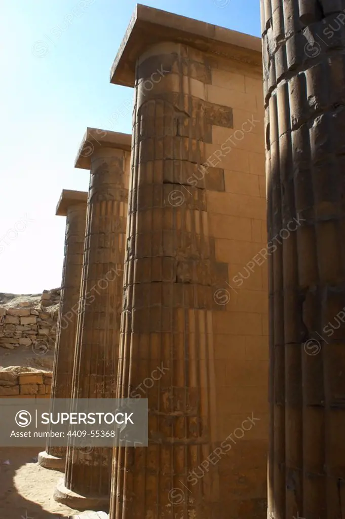 Egypt. Step Pyramid Complex of Djoser. 27th century BC. Third Dynasty. Old Kingdom. Saqqara necropolis. Lower Egypt. Pillars of the entrance hall.