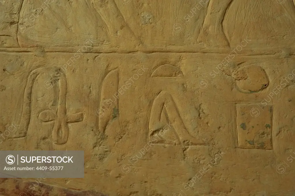 Egypt. Old Kingdom. 5th Dynasty. Mastaba of Unas Ankh (son of Unas pharaoh). Hieroglyphs on the wall. Detail. Saqqara. Lower Egypt.