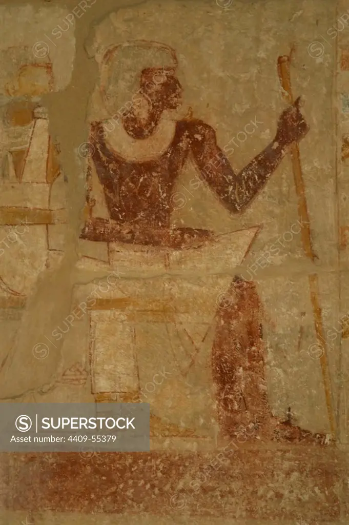 Old kingdom of Egypt. 5th Dynasty. Mastaba of Iynefert (courtesan). Polychrome painting depicting a seated man. Necropolis of Saqqara. Lower Egypt.