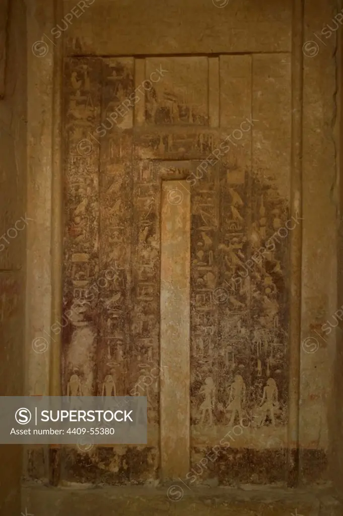 Old kingdom of Egypt. 5th Dynasty. Mastaba of Iynefert (courtesan). Hieroglyphs on the wall. Necropolis of Saqqara. Lower Egypt.