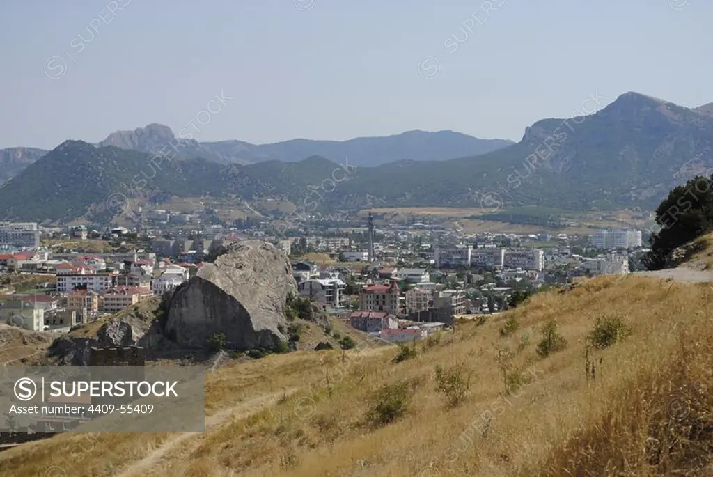 Ukraine. Autonomous Republic of Crimea. Sudak. Panorama from the Genoese medieval Fortress.