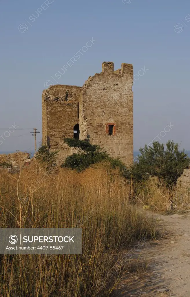 Ukraine. Autonomous Republic of Crimea. Feodosiya. Genoese Fortress. 14th century. Tower.
