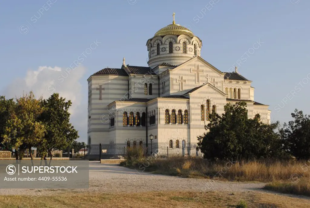 Ukraine. Saint Vladimir Cathedral. Neo-Byzantine Russian Orthodox Church built at 19th century. Reconstructed at 21th century by E. Osadchiy. Exterior. Chersonesus Taurica. Sevastopol.
