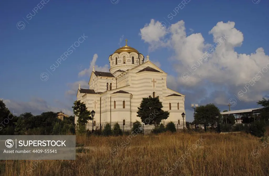 Ukraine. Saint Vladimir Cathedral. Neo-Byzantine Russian Orthodox Church built at 19th century. Reconstructed at 21th century by E. Osadchiy. Exterior. Chersonesus Taurica. Sevastopol.