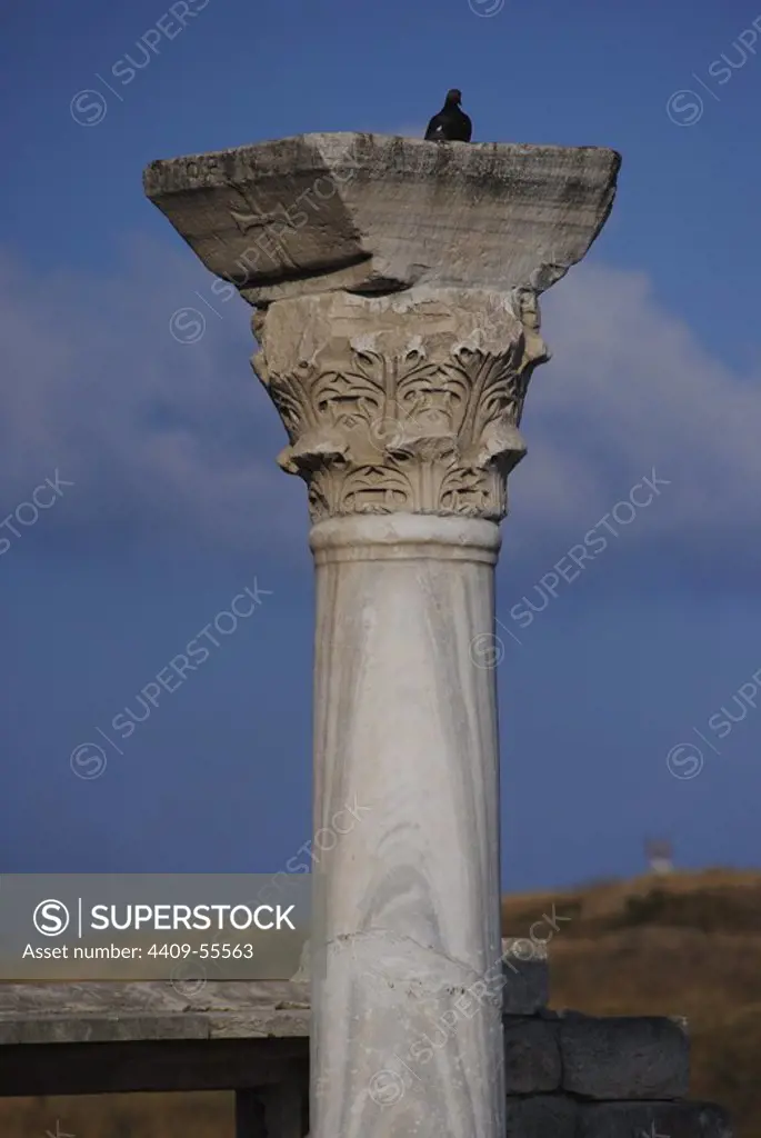 Ukraine. Chersonesus Taurica. 6th century BC. Greek colony occupied later by romans and byzantines. The Byzantine Basilica. Column, Detail. Sevastopol.