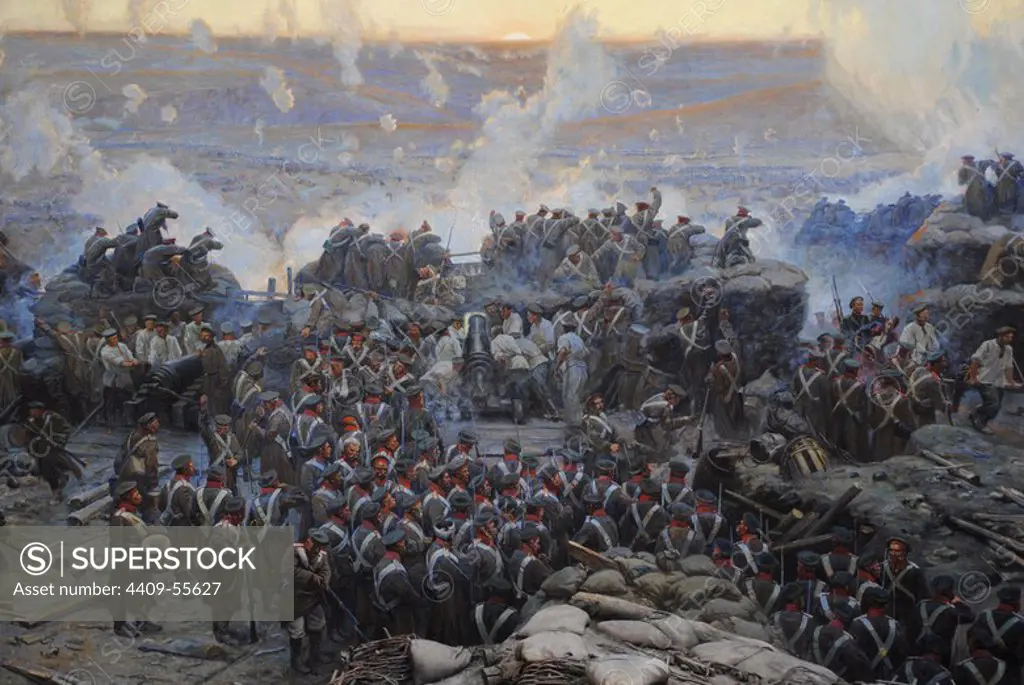 Crimean War (1853-1856). Siege of Sevastopol, 1854-1855, by Franz Alekseyevich Roubaud (1856-1928). The city, on the Black Sea, was besieged for 11 months. Detail. Museum of Heroic Defense and Liberation of Sevastopol. Crimean Peninsula. Ukraine.