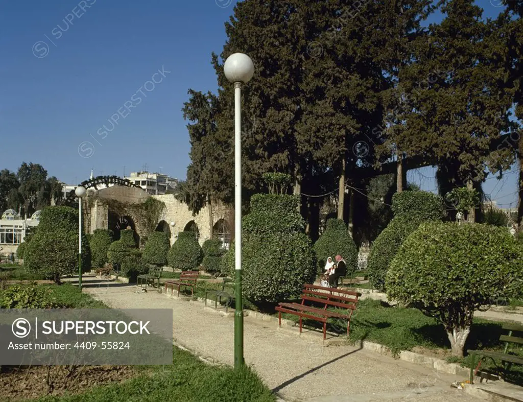 Syria. Hama. Gardens of the North of the city flanking the eastern bank of the Orontes River. In the background one noria.