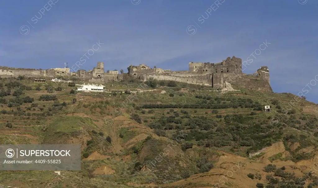 Syria. Baniyas. Margat castle, also known as Marqab from the Arabic Qalaat al-Marqab. It was a Crusader fortress and one of the major strongholds of the Knights Hospitaller. Built in 1062.