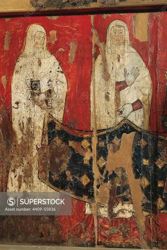 Linear Gothic. Spain. 14th century. Priory chair of Blanche of Aragon and Anjou (c.1301-1348), nun and prioress. Over the seat, detail depicting a prioress asisted by a nun with a book in her hands. 1322. It comes from the Monastery of Santa Maria de Sigena (Huesca). Aragon. Diocesan and Regional Museum of Lleida. Catalonia.