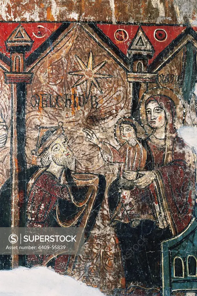 Romanesque art. Spain. 13th century. Frontal of the altar of Iguacel. Polychrome panel painting. Epiphany. It comes from the Church of the Monastery of Santa Maria de Iguacel. Aragon. Diocesan Museum of Lleida. Catalonia.
