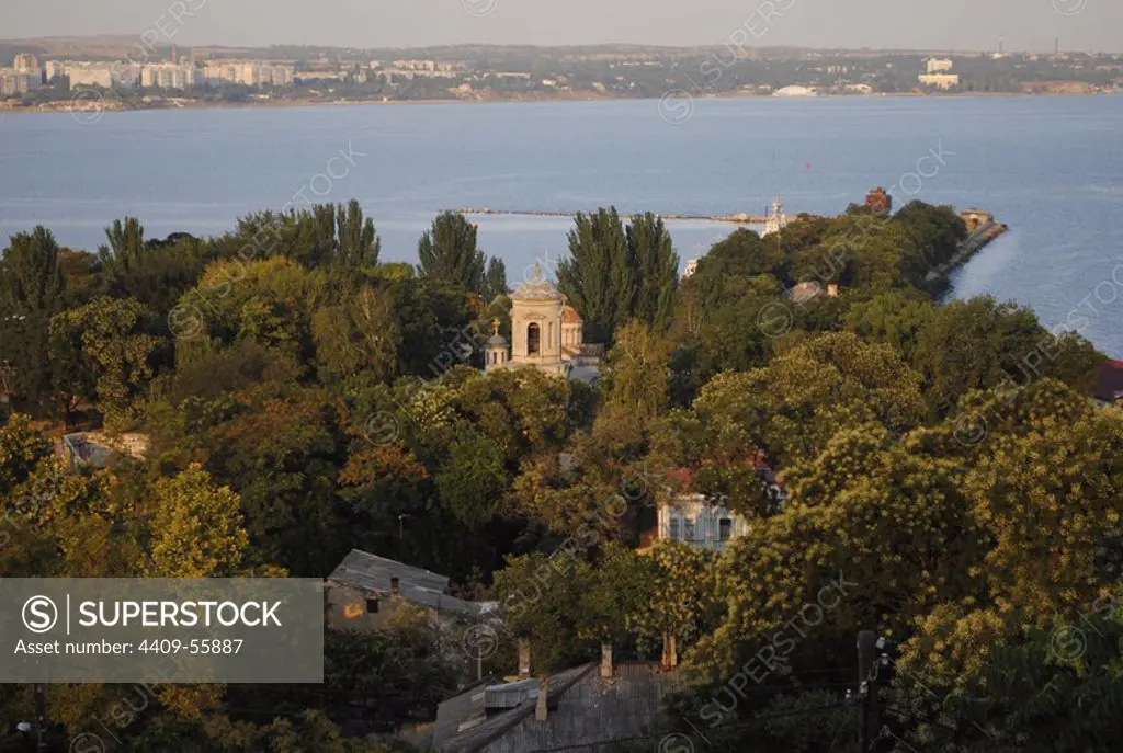 Ukraine. Autonomous Republc of Crimea. Kerch. The Kerch Strait, which connects the Sea of __Azov with the Black Sea and the Byzantine Church of St. John the Baptist. 8th century.