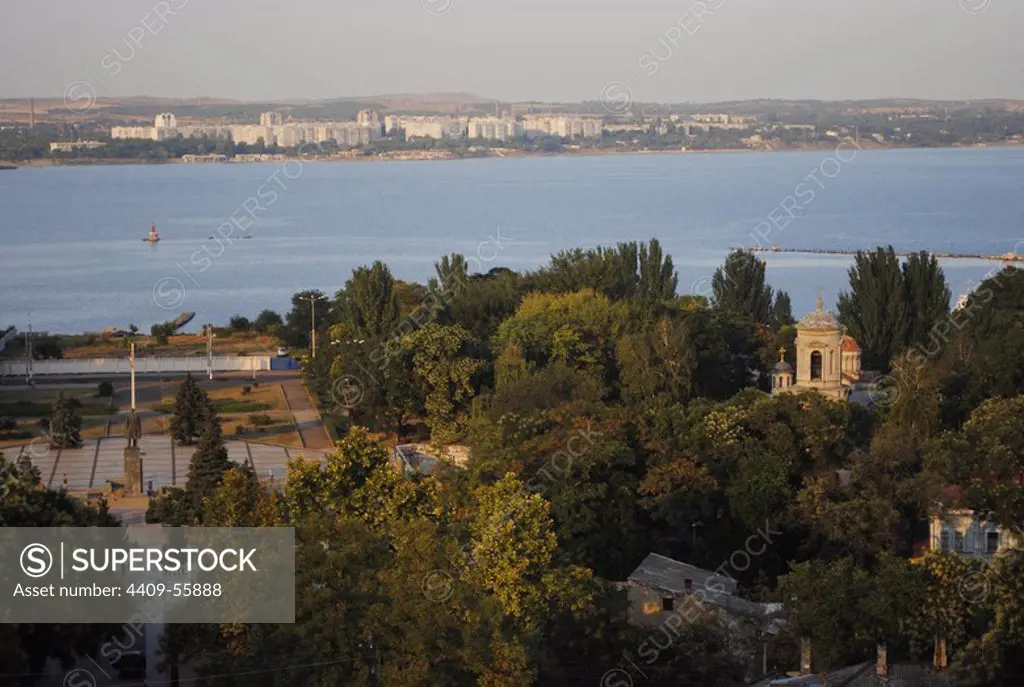Ukraine. Autonomous Republc of Crimea. Kerch. The Kerch Strait, which connects the Sea of __Azov with the Black Sea and the Byzantine Church of St. John the Baptist. 8th century.