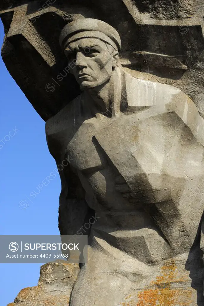 Ukraine. Autonomous Republic of Crimea. Memorial to the Defence of the Adzhimushkay Quarry, 1982, against Nazi occupation in 1942. Detail. Around Kerch.