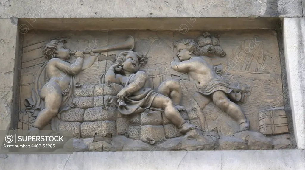 Spain. Barcelona. Porxos d'en Xifre_. Edifice neo-classical build commanded by Josep Xifre_ i Cases. 1836. It was named "Porxos" after the long arcades encircling the buildings. Detail relief. Allegory of the Sea.