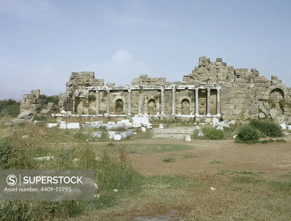 Side. Ruins of the Library, located in the State Agora. Anatolian Peninsula.