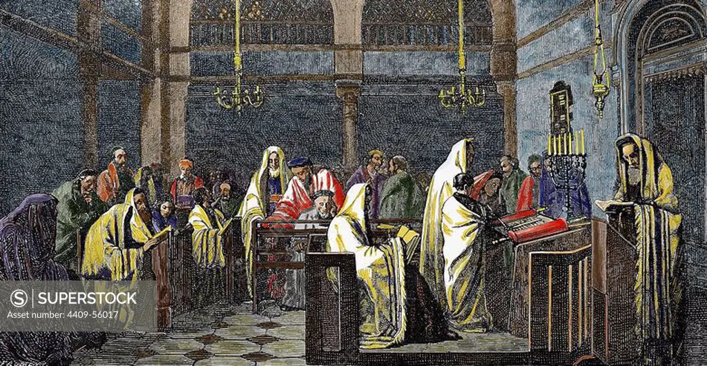 Jewish religion. Synagogue. reading the Torah. Colored engraving.
