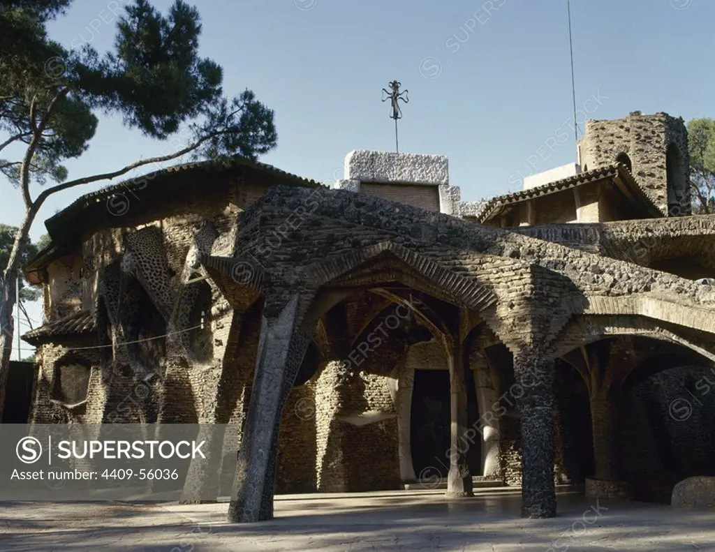 Spain. Catalonia. Santa Coloma del Cervello. The Crypt of the Church of Colonia Guell (1908-1915). Built by Antoni Gaudi (1852-1926). Outside.