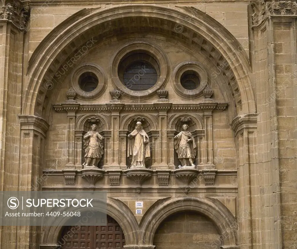 Spain. La Rioja. Santo Domingo de la Calzada. Cathedral of Saint Dominic de la Calzada. South facade. Contains statues of St. Emeterius, St. Dominic de la Calzada and St. Celedonius. Built in 1769 by Abadiano Martin de Beratua.