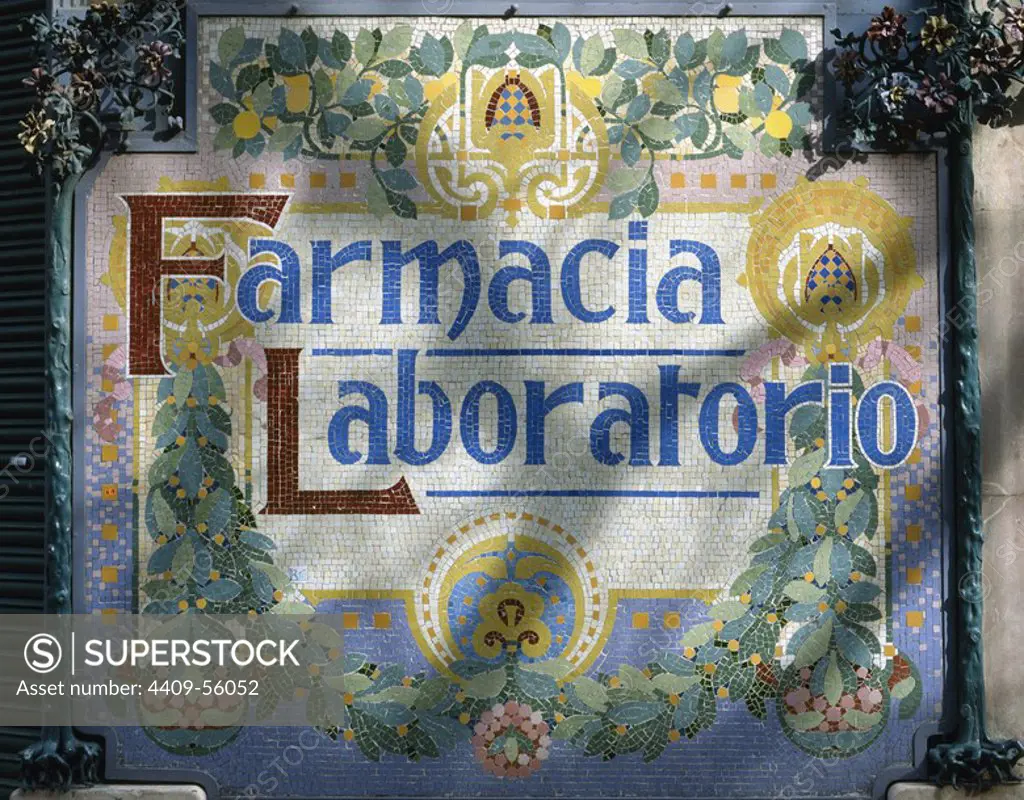 Spain. Catalonia. Barcelona. Mosaic. Catalan modernism. Farmacy, laboratory. Facade. Bruc street.