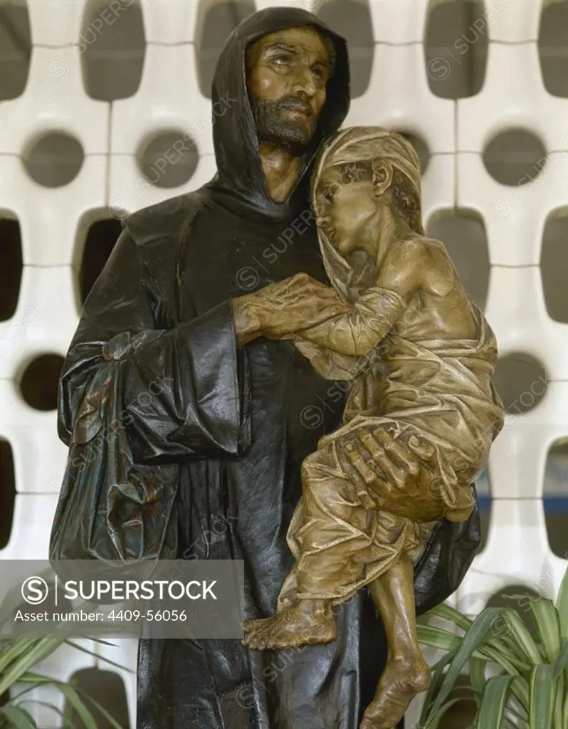 Saint John of God, 1883. Sculpture by Agapit Vallmitjana i Barbany (1833-1905). Hospital of Saint John of God. Barcelona. Spain.