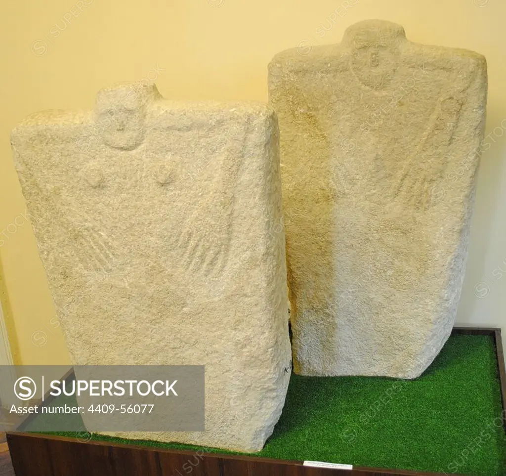 Anthropomorphic stone stelae or statue menhirs, located in Yamna secondary graves. Yamna Culture. Late Copper Age - Early Bronze Age. 36th-23rd centuries BC. Kerch Historical and Archaeological Museum. Autonomous Republic of Crimea. Ukraine.
