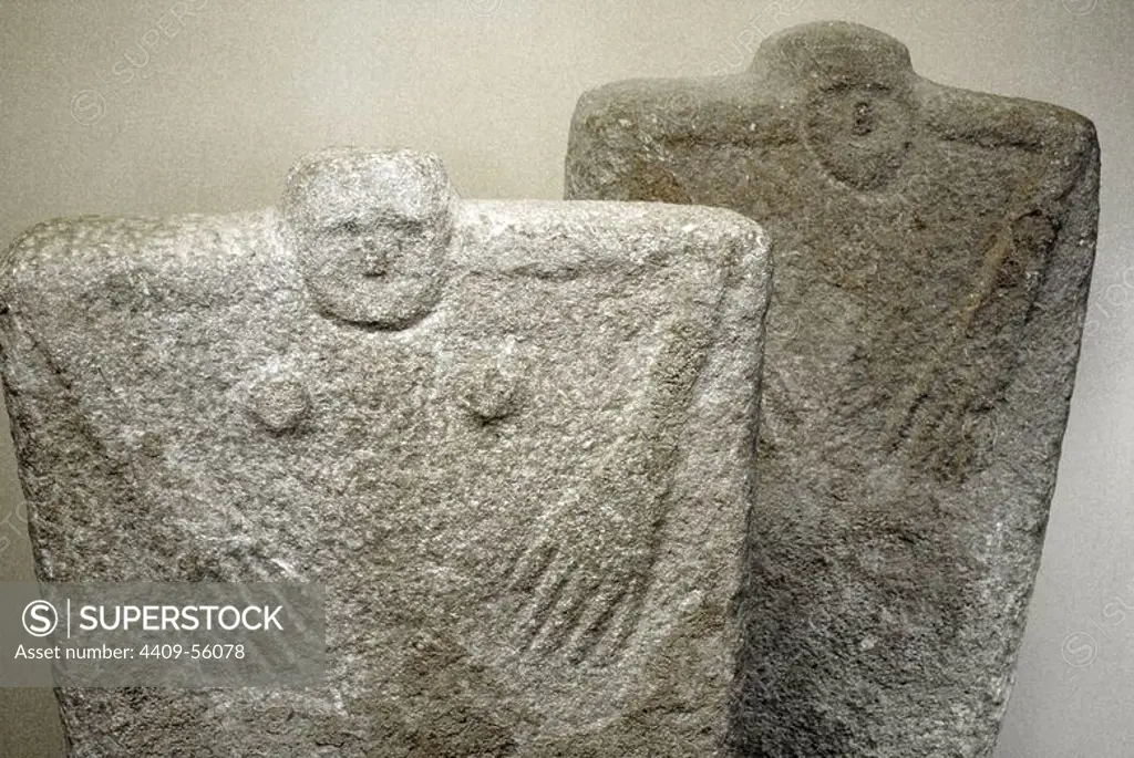 Anthropomorphic stone stelae or statue menhirs, located in Yamna secondary graves. Yamna Culture. Late Copper Age - Early Bronze Age. 36th-23rd centuries BC. Kerch Historical and Archaeological Museum. Autonomous Republic of Crimea. Ukraine.