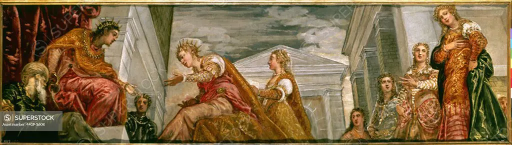 'The Queen of Sheba and Salomon', ca. 1555, Oil on canvas, 58 cm x 205 cm, P00394. Author: JACOPO COMIN-JACOBO ROBUSTI-TINTORETTO. Location: MUSEO DEL PRADO-PINTURA. MADRID. SPAIN. SALOMON REY SIGLO X AC. REINA DE SABA.