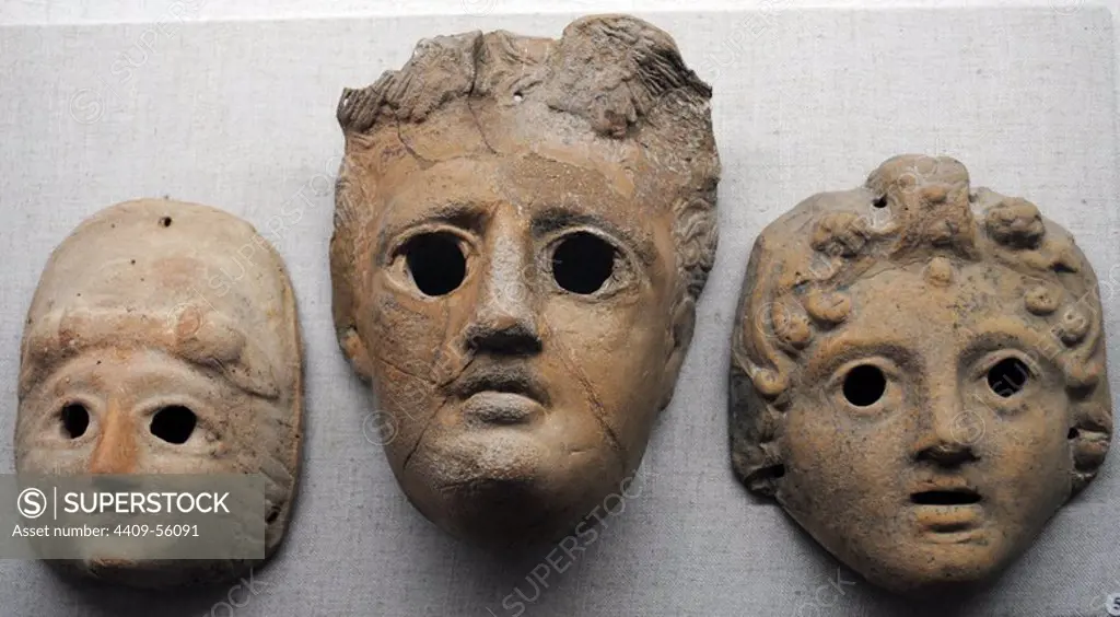 Classical theatre. Theatrical masks made in terracotta. Kerch Historical and Archaeological Museum. Autonomous Republic of Crimea. Ukraine.