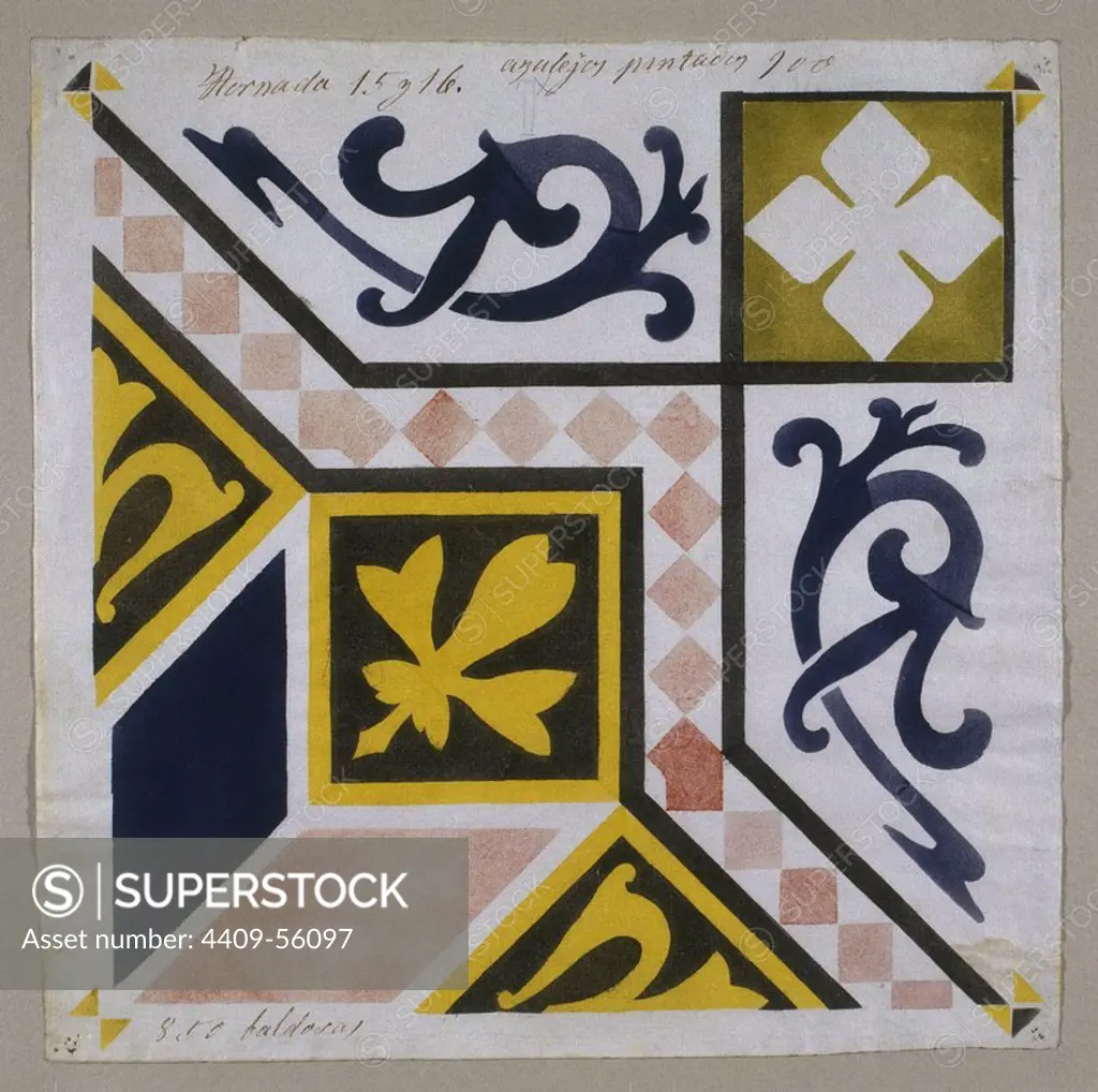 Catalan Modernism. Original desing of tile for the decoration of the fireplace. Guell Palace. Artist Antoni Gaudi (1852-1926).