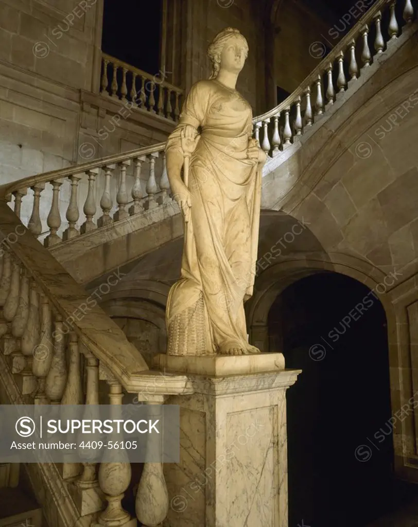 The Industry. 1802. Allegorical sculpture by Salvador Gurri Corominas (1749-1819) at the foot of the staircase of honor at Casa Llotja de Mar. Marble. Barcelona. Catalonia. Spain.