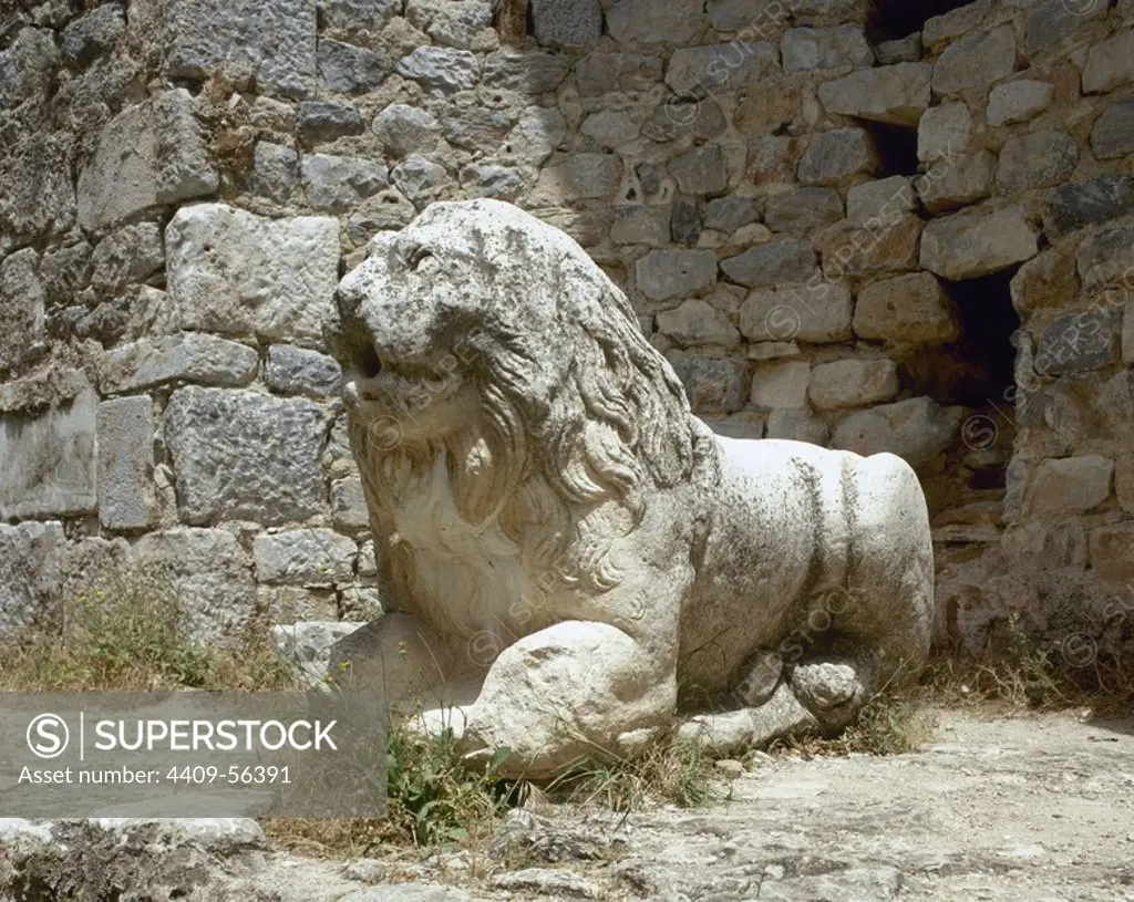 Turkey. Miletus. Faustina Baths. Imperial era. They were built during the middle of the 2nd century in honor of the empress Faustina, the wife of Marcus Aurelius, who visited Ephesus (although not Miletus) in 164. Rebuilt during 3rd century. Statue of a lion. Aydin province. Anatolia.