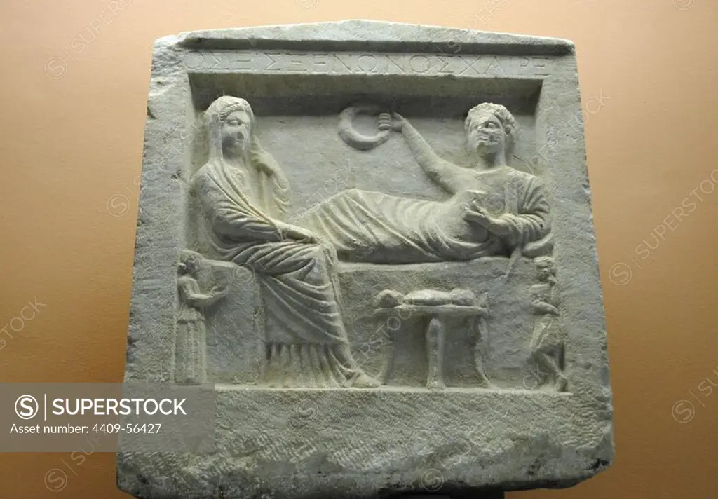 Tombstone. "Parting scene" in relief. Deceased stretched in a triclinium. Dated in the first centuries after Christ. Roman period. From ancient Greek city of Olbia. Archaeological Museum of Odessa. Ukraine.