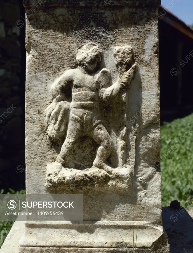 Relief of a Retiarius, type of Roman gladiator. Equipment: Weighted net (rete), trident (tridens), dagger (Pugio), arm guard (manica), Shoulder guard (galerus) and loincloth (subligaculum). Aphrodisias. Anatolia, Turkey.