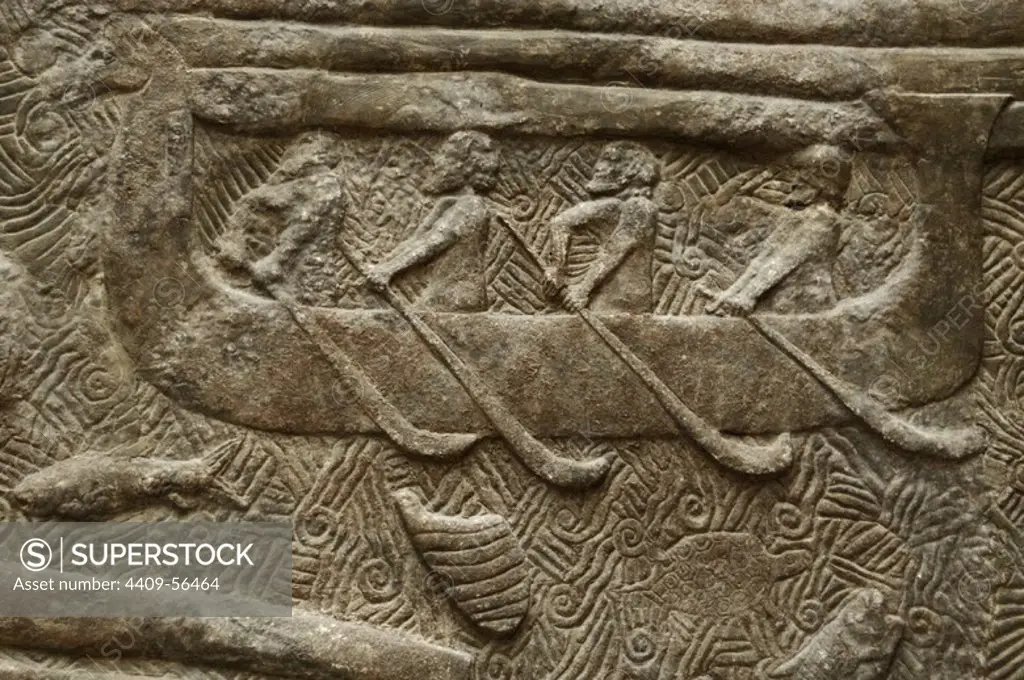 Frieze of the transportation of timber (cedars of Lebanon). Detail of one of the reliefs from the Palace of King Sargon II in Dur Sharrukin (Khorsabad, Iraq), 8th century. Northern facade. Museum of Louvre. Paris, France.