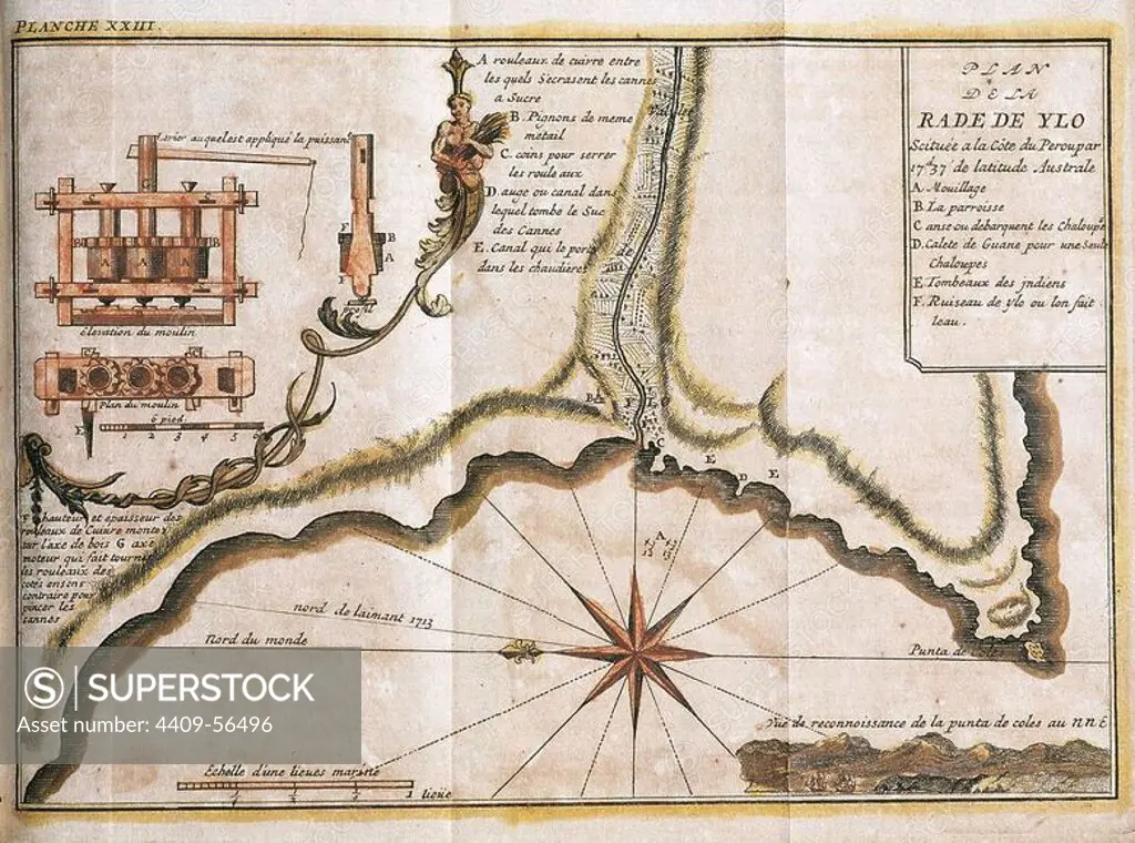 SOUTH AMERICA. PERU. 18TH CENTURY. MAP OF THE RADA DE YLO (currently ILO), main port located on the Peruvian coast. Plane of a sugar mill. "RADA DE YLO", at 17.37 southern latitude, on the Pacific coast. French engraving of 1716. Library of Catalonia. Barcelona.