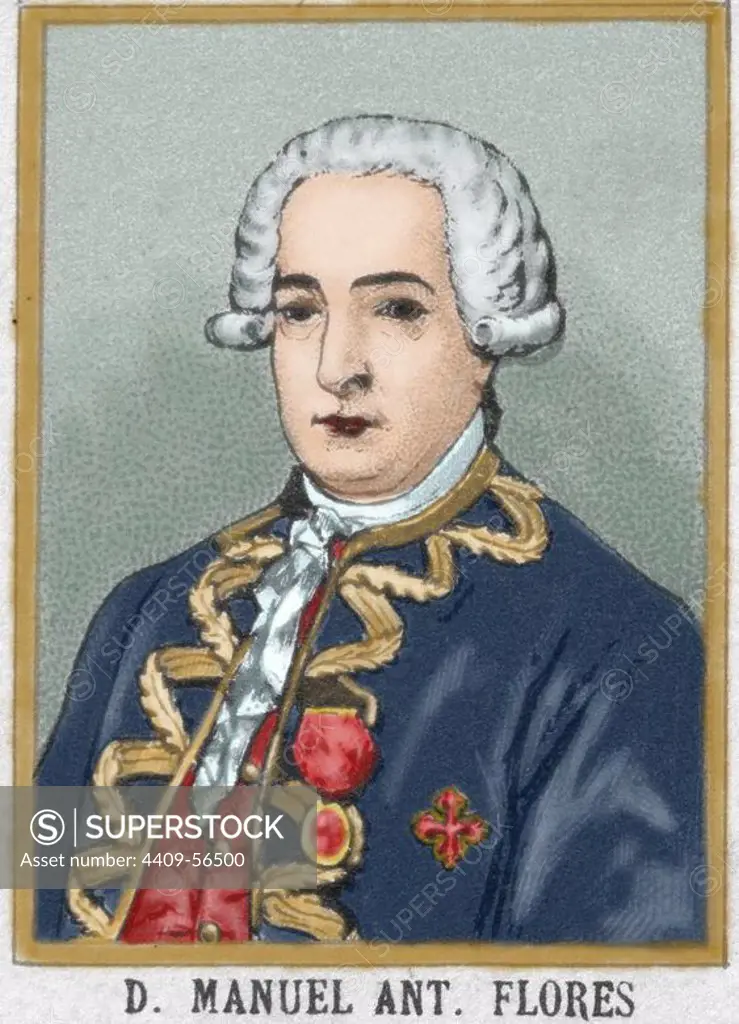 Manuel Antonio Flores (1722-1799). General in the Spanish navy and viceroy of New Granada (1776-1781) and New Spain (1787-1789). Colored engraving.