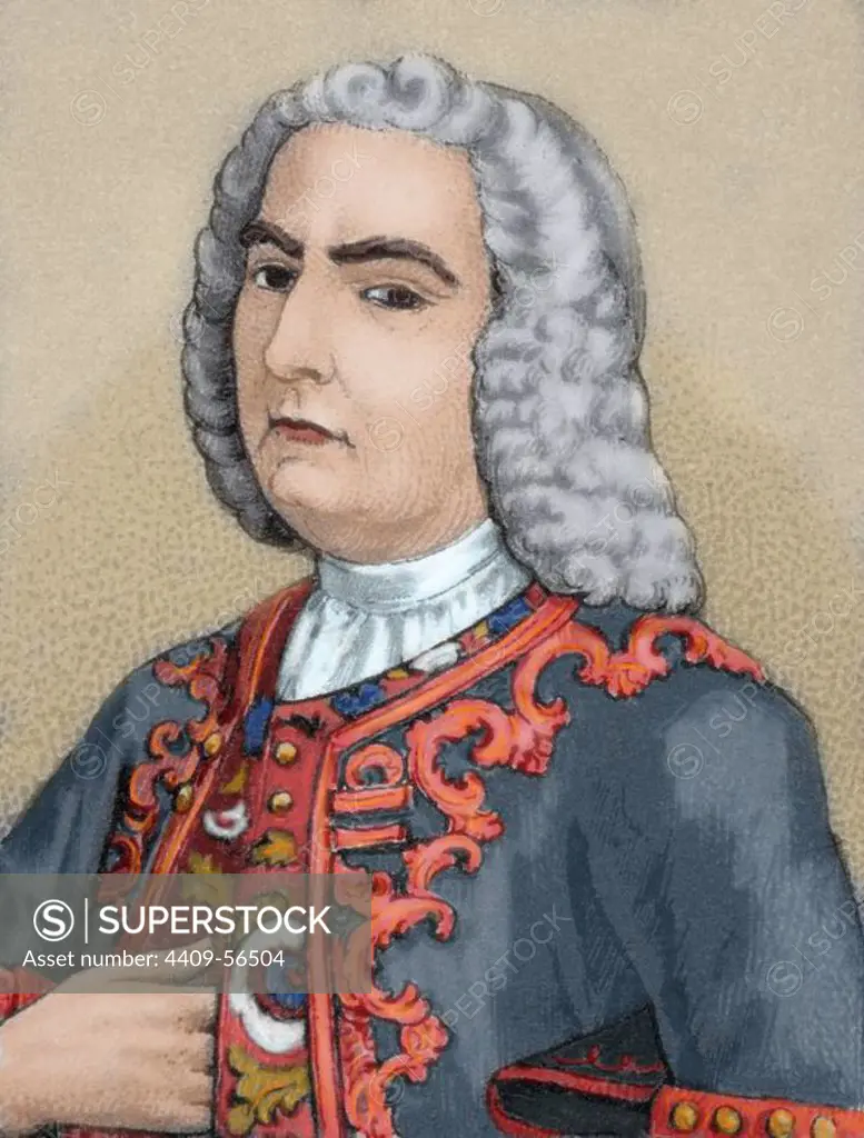 Juan Francisco de Guemes y Horcasitas (1681-1766), 1st Count of Revillagigedo. Spanish general, governor of Havana, captain general of Cuba, and viceroy of New Spain (1746-1755). Colored engraving.