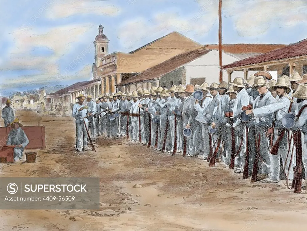 Cuban War of Independence (1895-1898) against Spain. Spanish troops at the time of rollcall in Colon (Cuba). 1896. Colored engraving.