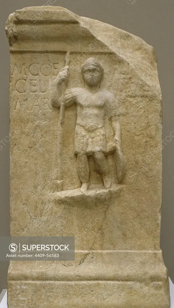 Votive altar dedicated to the god Mars (depicted figure) by Marcus Coelius Celsus, most certainly a Roman legionary. 2nd century AD. Torre de Palma, Vaiamonte (ancient province of Lusitania). National Archaeology Museum. Lisbon. Portugal.