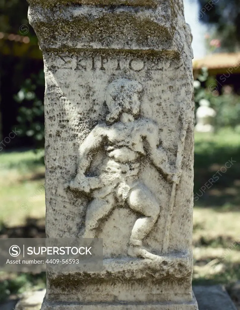 Relief of a Retiarius, type of Roman gladiator. Equipment: Weighted net (rete), trident (tridens), dagger (Pugio), arm guard (manica), Shoulder guard (galerus), and loincloth (subligaculum). Aphrodisias. Anatolia, Turkey.