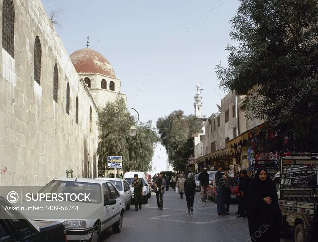 Syria. Damascus. Street and Zahirie Madrasa. Photo before Syrian Civil War.