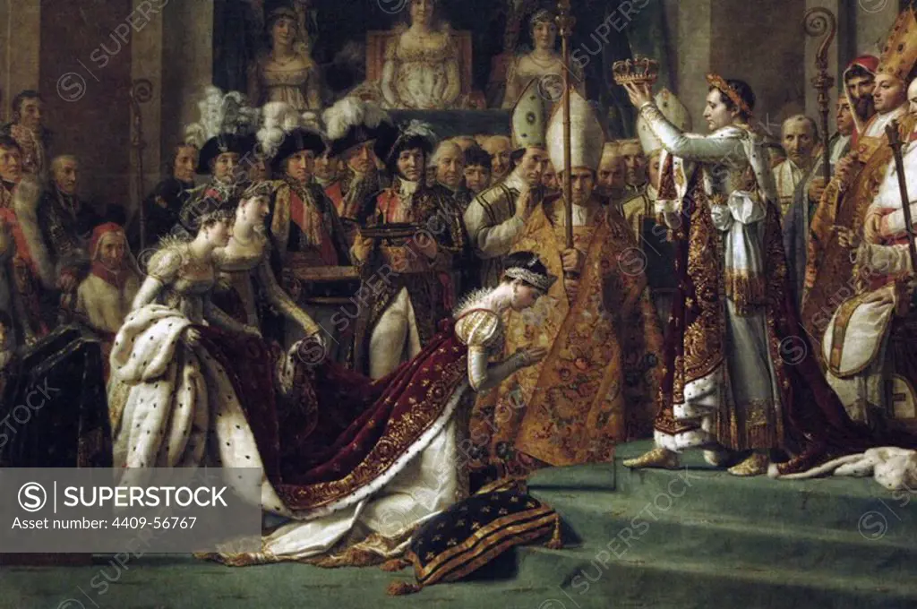The Consecration of the Emperor Napolen and the Coronation of Empress Josephine on December 2, 1804, by French painter Jacques Louis David (1748-1825). Museum of Louvre. Paris. France.