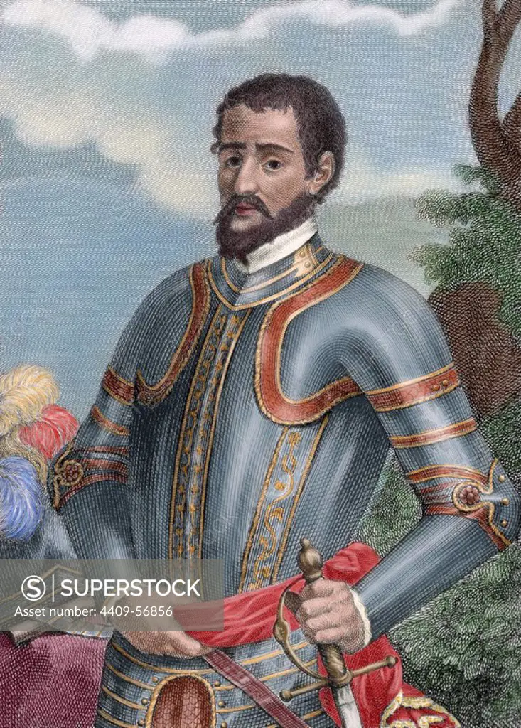 Hernando de Soto (c.1496/1497Ð1542). Spanish explorer and conquistador. Was the first European documented to have crossed the Mississippi River. Colored engraving.