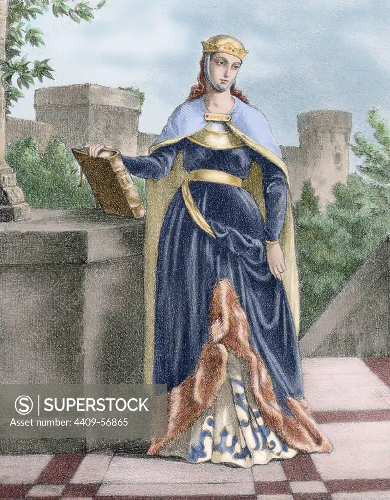 Berengaria (1180-1246). Queen regnant of Castile in 1217 and Queen consort of Leo_n from 1197 to 1204. Colored engraving.