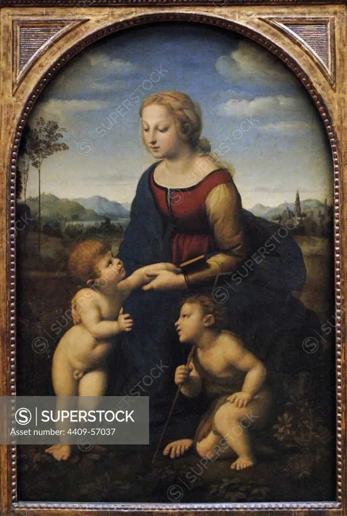 Raphael (1483-1520). Italian painter. High Renaissance. La belle jardiniere or Madonna and Child with Saint John the Baptist. Oil on panel. 1507. Louvre. Paris. France.