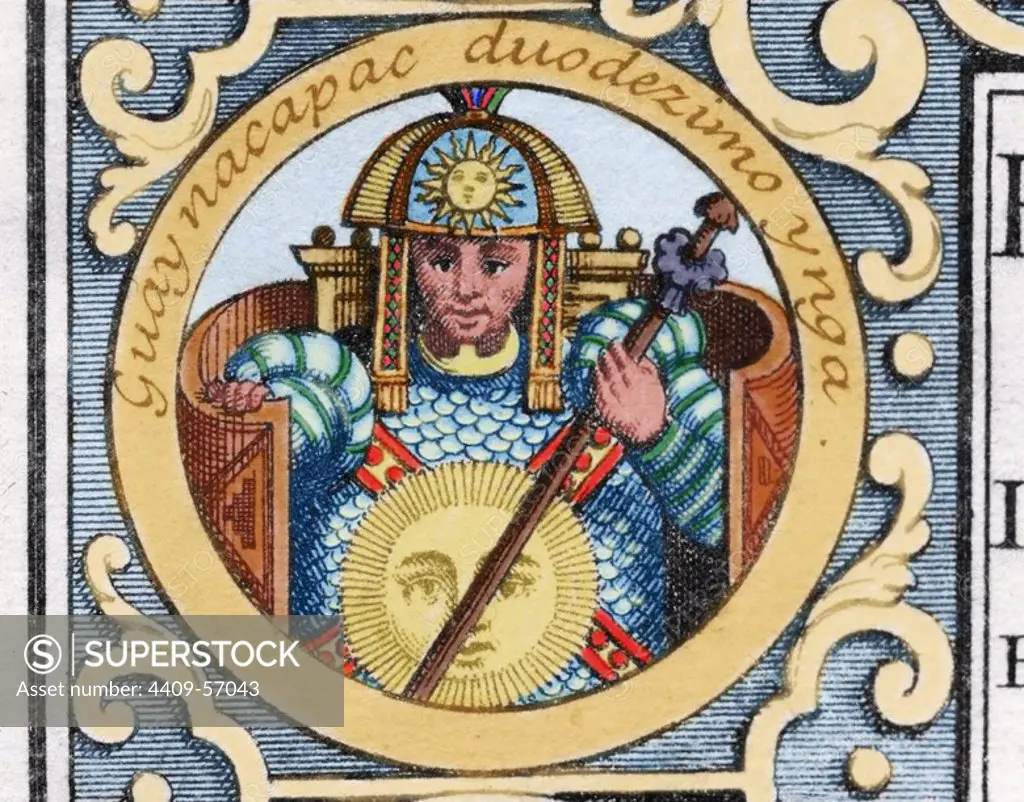Huayna Capac (h.1465-1525). Inca emperor (1493-1525). Son of Tupac Inca Yupanqui. Engraving, 1726. Colored engraving.