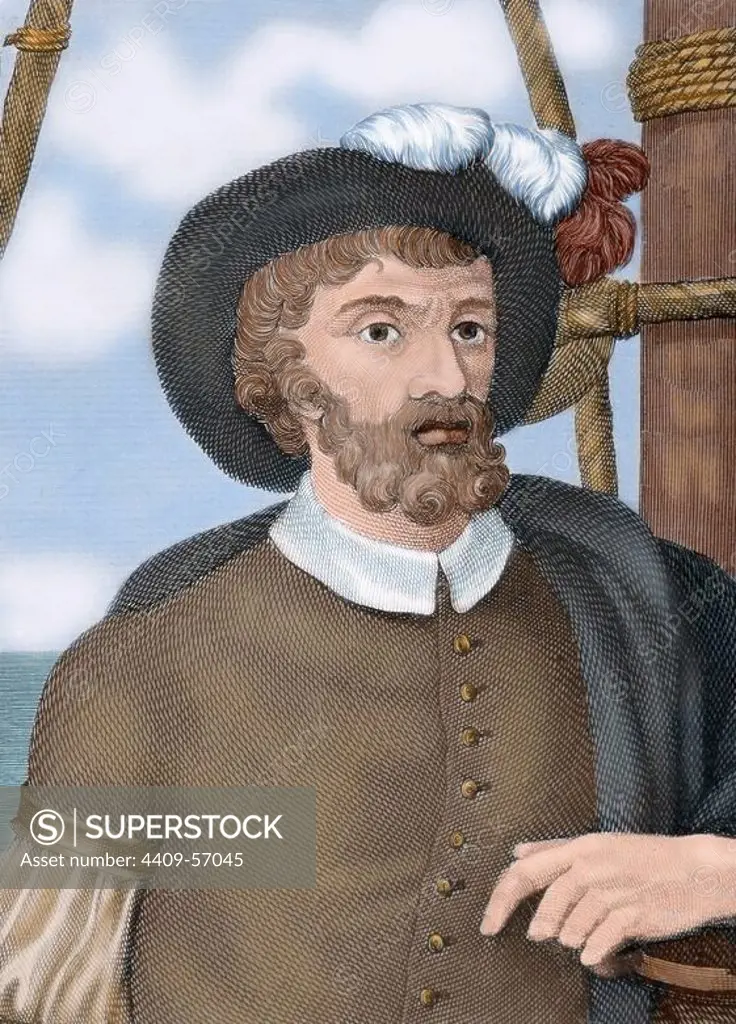 Juan Sebastian Elcano (1476-1526). Spanish explorer enlisted in the famous expedition of Magellan (1519). First navigator who completed the first circumnavigation of the world (1522). Colored engraving.
