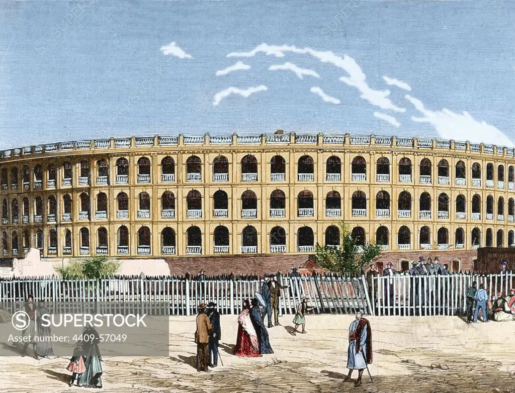 History. 19th century. Spain. Valencia. Bullring. Engraving at "The Spanish and American Illustration" (1872). Colored engraving.